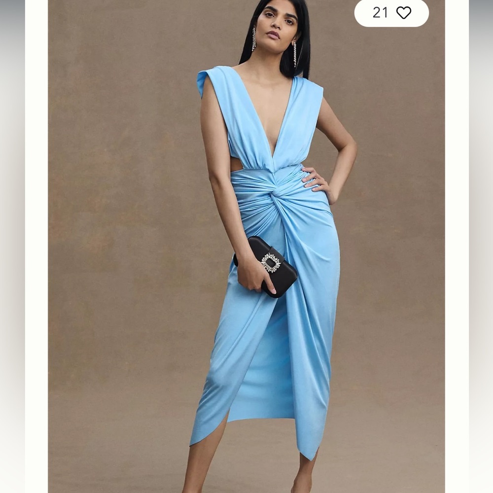 Baobab Mia Plunge V Neck Gathered Midi Sheeth Dress Size Small Sky Blue